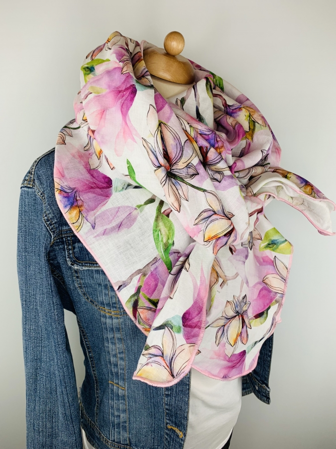 LEINEN Schal mit lila, rosa und grünen LilienPrint im Large Fashion Style